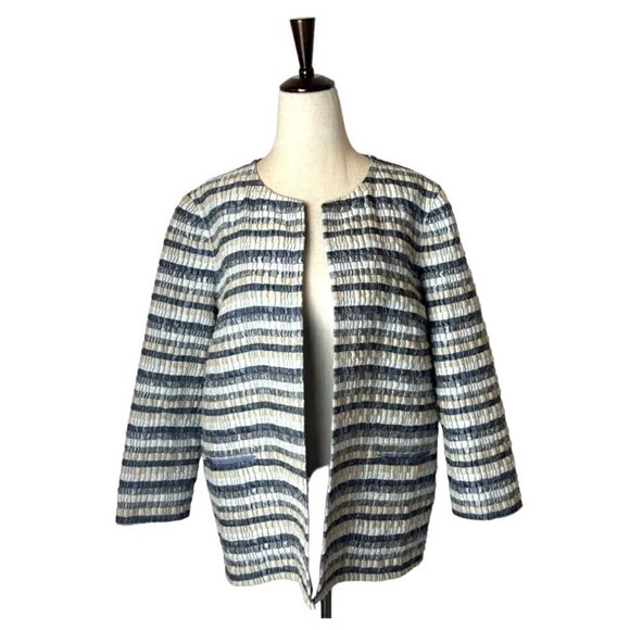 Lafayette 148 Coat Womens 6 Blue And Gray Striped Silk Blend Open Front Jacket - Picture 1 of 10
